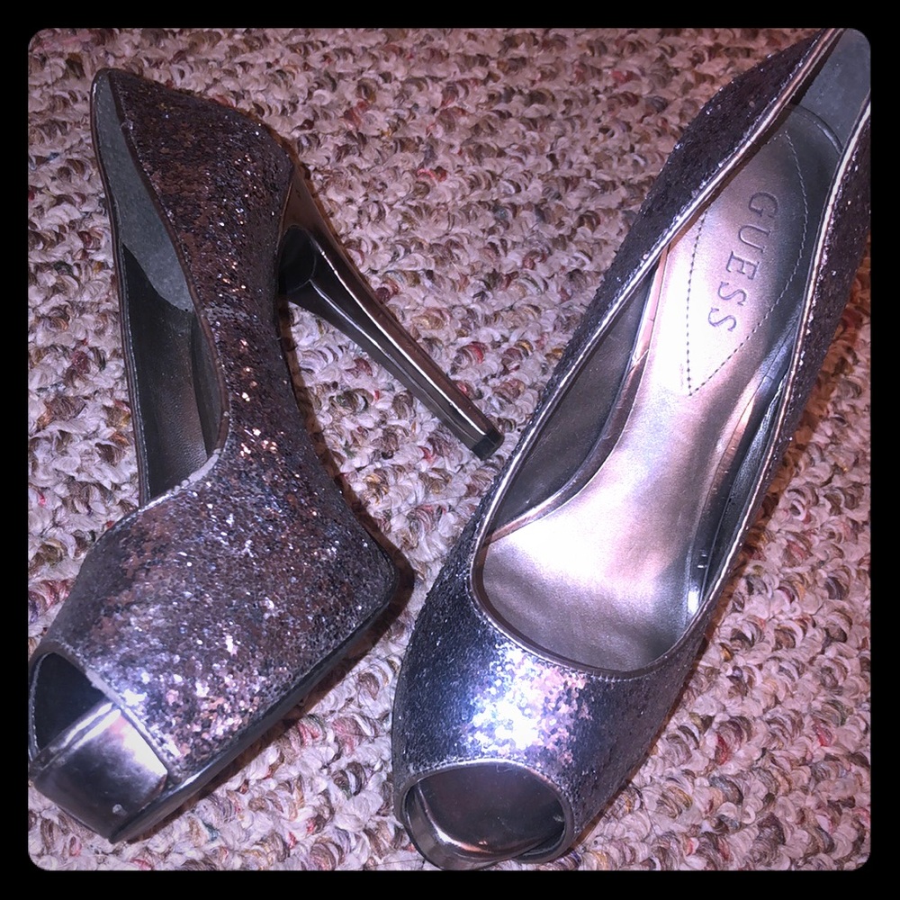 Guess silver peeptoe stilettos
